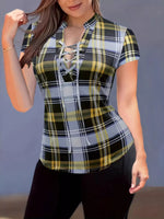 Plaid Lace-Up Short Sleeve Blouse