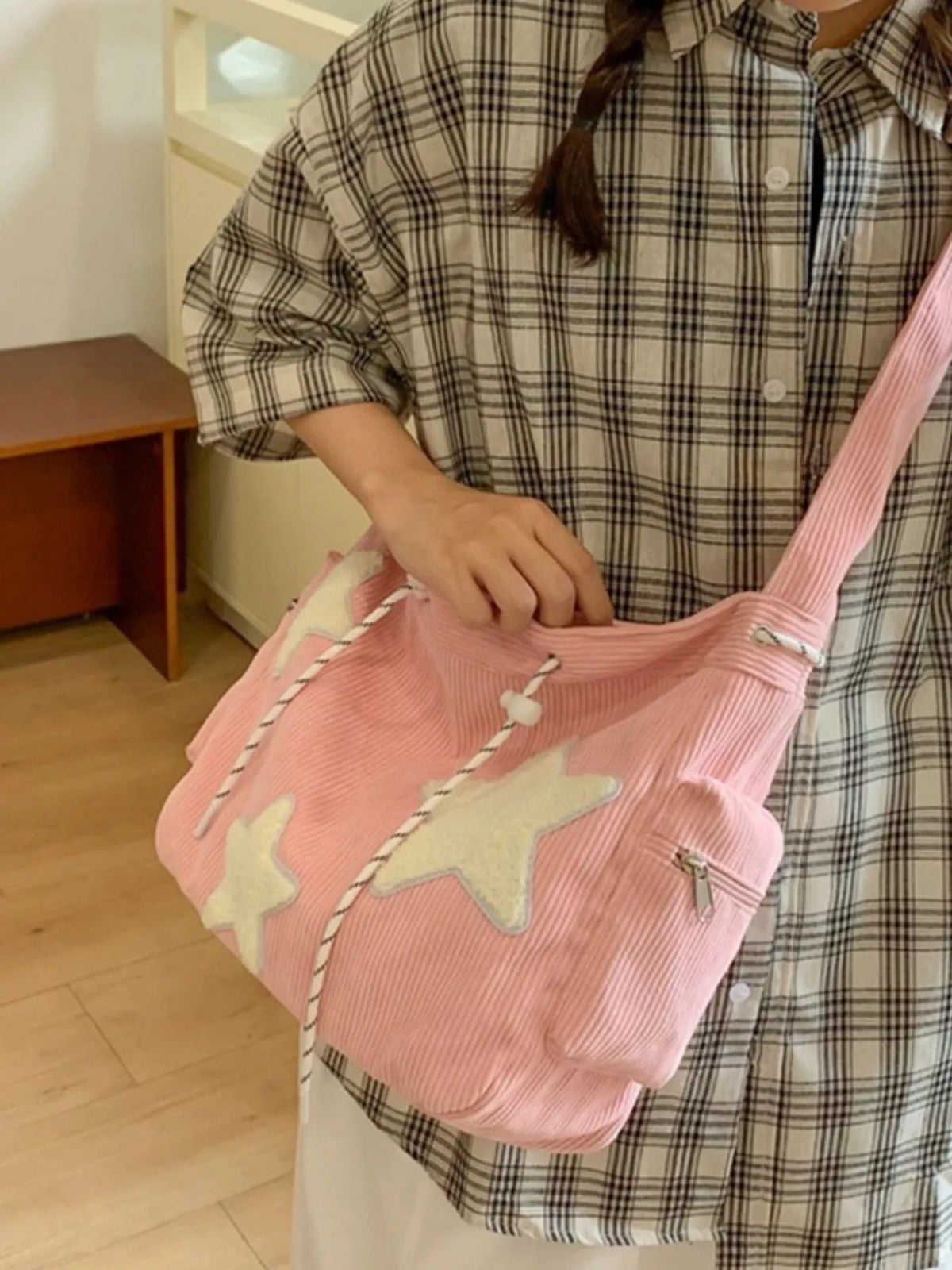 Corduroy Star Applique Casual Crossbody Bag