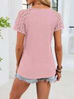 Lace Sleeve V-Neck Waffle Knit T-Shirt