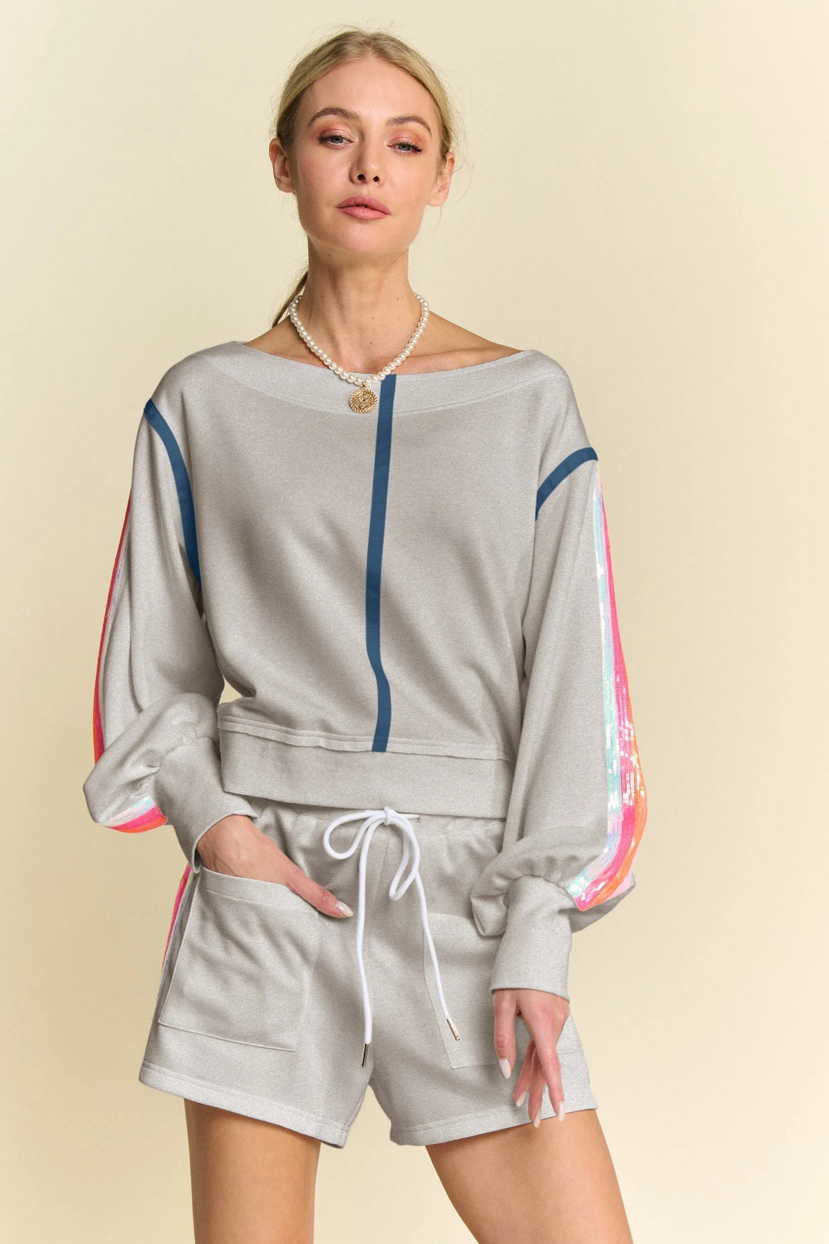 Davi & Dani Sequin Stripe Long Sleeve Top And Short Pants Set