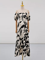 Off-Shoulder Cutout Leaf Print Maxi Dress