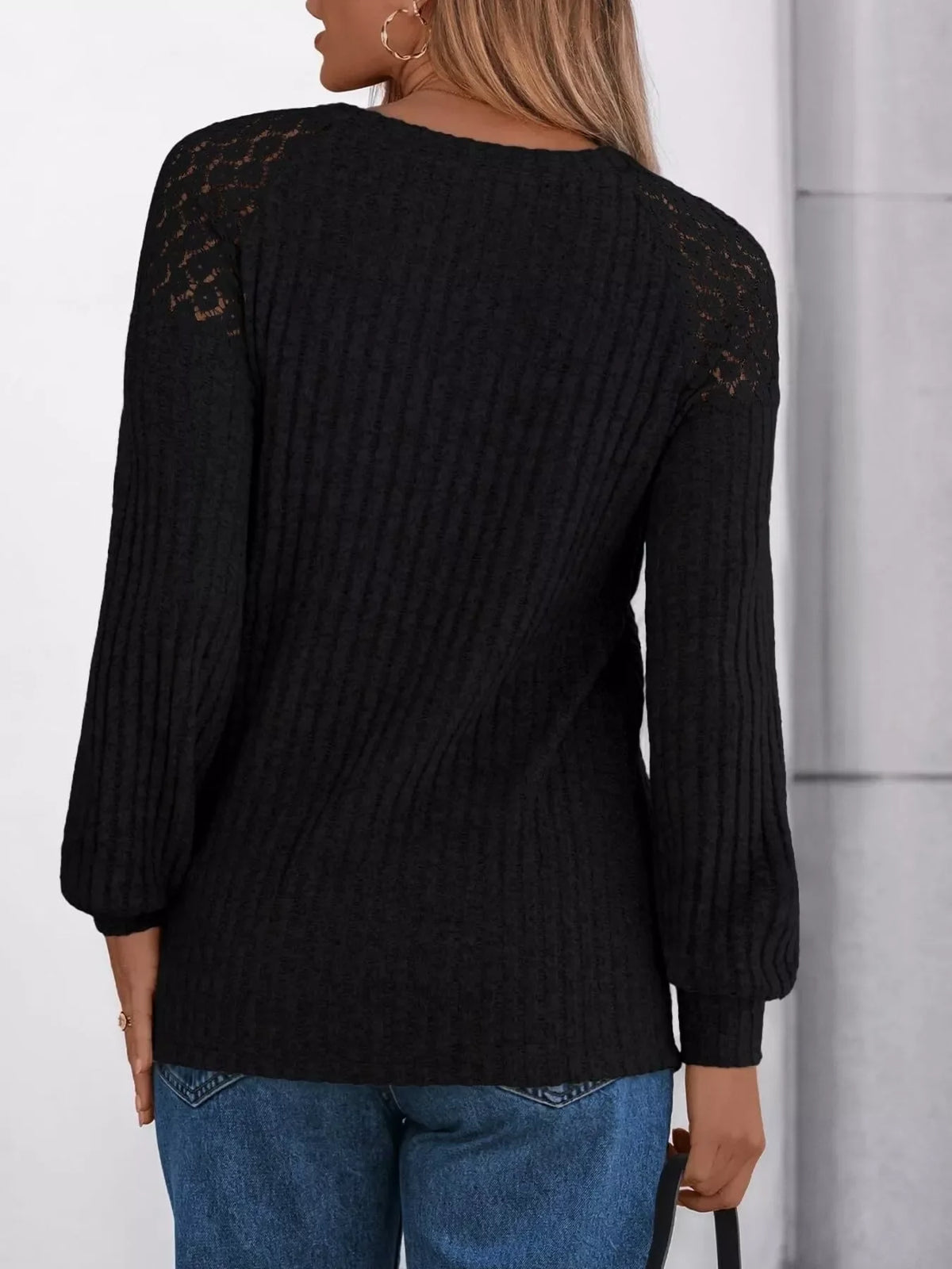 Ribbed Knit T-Shirt with Lace Shoulder Detail