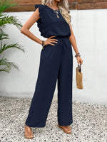Lace Trim Round Neck Top and Pants Set
