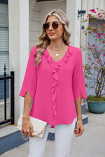 Ruffled V-Neck Three-Quarter Sleeve Blouse