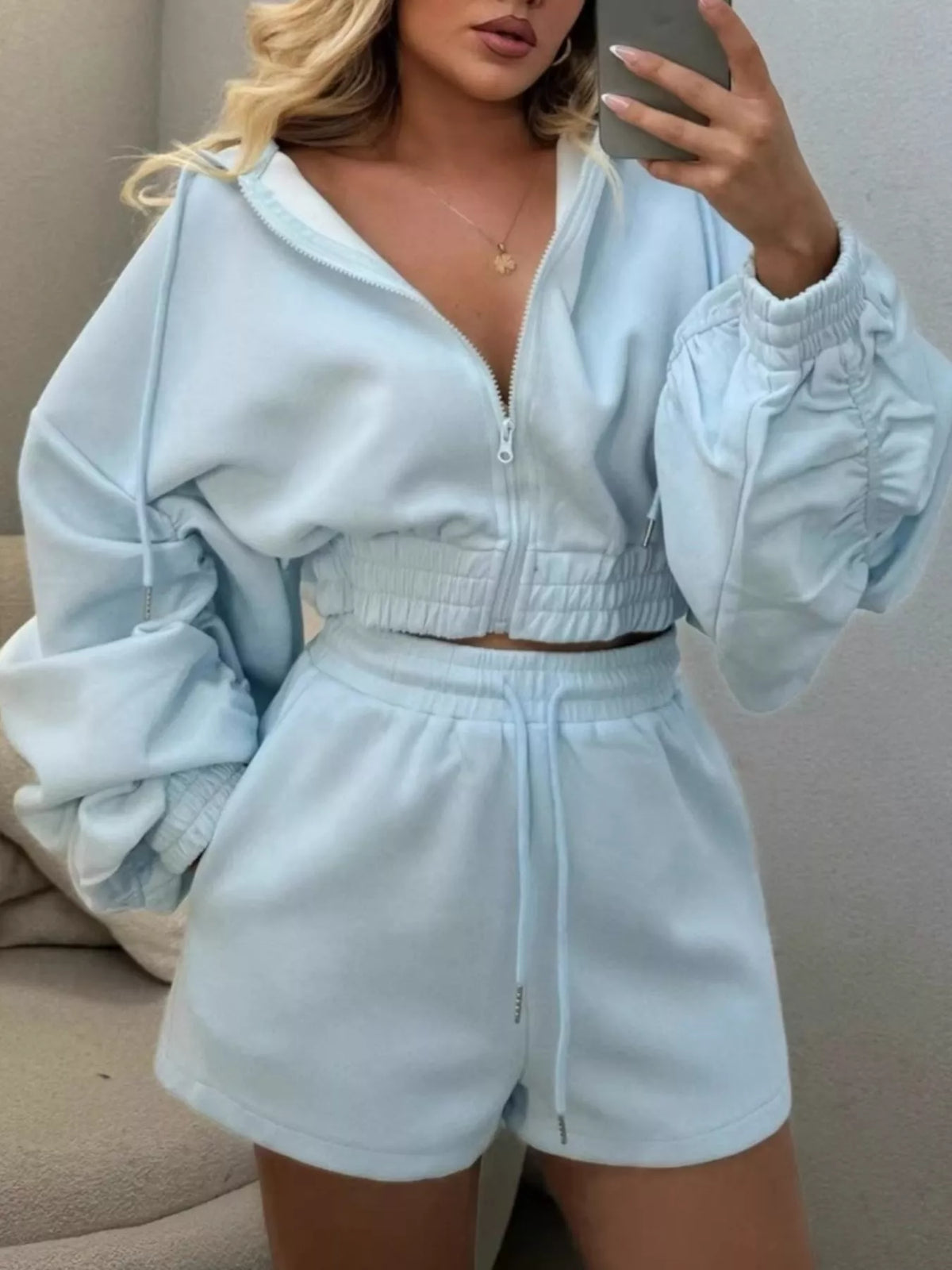 Zip Up Drawstring Outerwear and Shorts Set