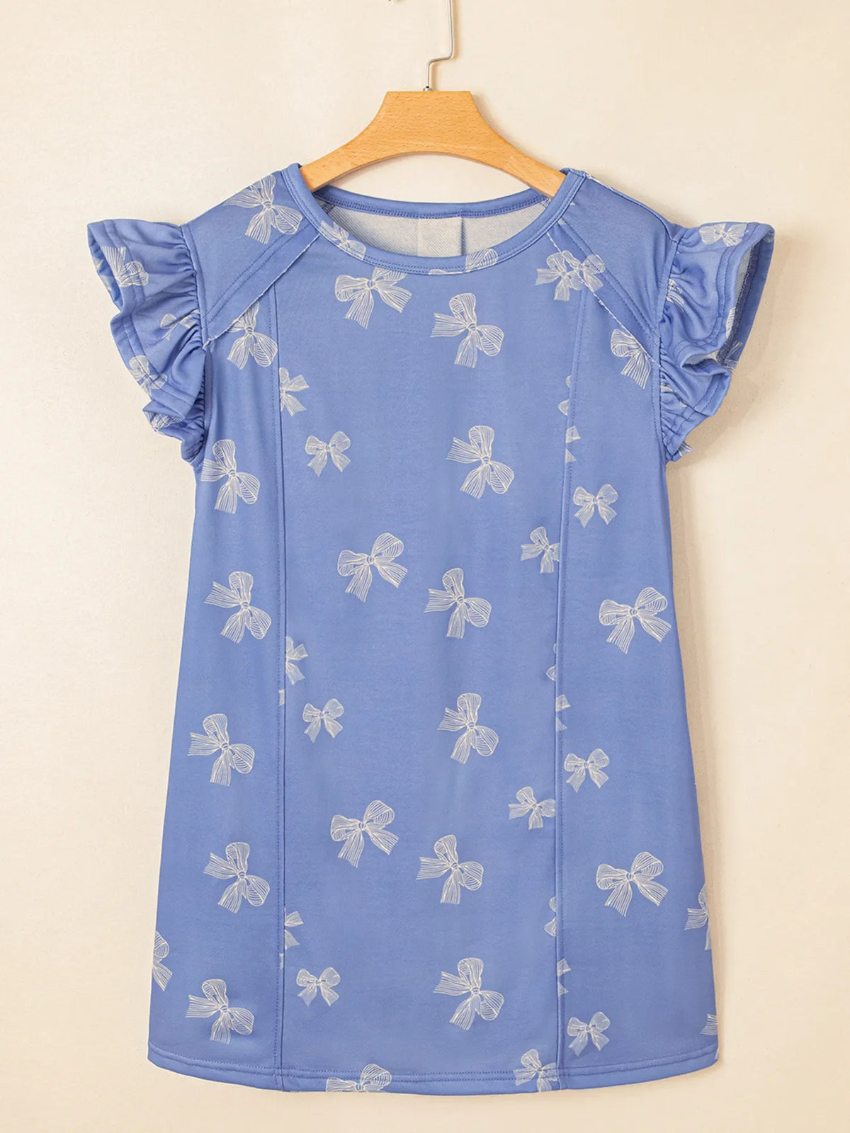 Bow Knot Print Crewneck Ruffled Sleeve Shift Mini Dress