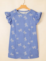 Bow Knot Print Crewneck Ruffled Sleeve Shift Mini Dress
