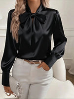 Satin Bow Tie Long Sleeve Top