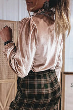 Western Style Long Sleeve Stand Neck Velvet Top