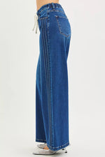 RISEN Full Size Mid Rise Wide Side Pintuck Jeans with Front Drawstring Plus Size