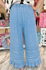 Ruffled Hem Wide Leg Chambray Jeans