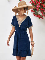 V-Neck Swiss Dot Ruffle Hem Mini Dress