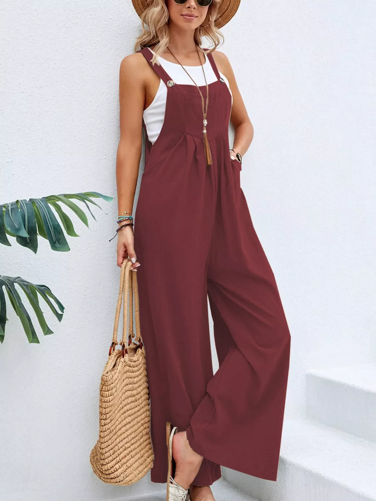 Full Size Casual Wide-Leg Overalls with Pockets Plus Size