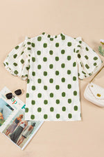 Polka Dot Shirred Yoke Notched Neck Puff Sleeve Blouse
