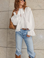 Tie Neck Flounce Sleeve Blouse