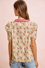 BiBi Floral Gather Sleeves Contrast Neckband Blouse Top
