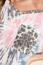 BiBi Tie Dye Print V Neck Top with Front Patch Pocket