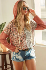 BiBi Popcorn Waffle Knit Hoodie with Print Block Front