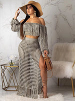 Full Size Crochet Off-Shoulder Fringe Top and Skirt Set Plus Size