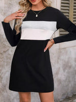 Plus Size Color Block Long Sleeve Casual Mini Dress
