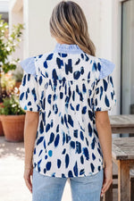 Abstract Animal Print Striped Ruffle Trim V Neck Blouse