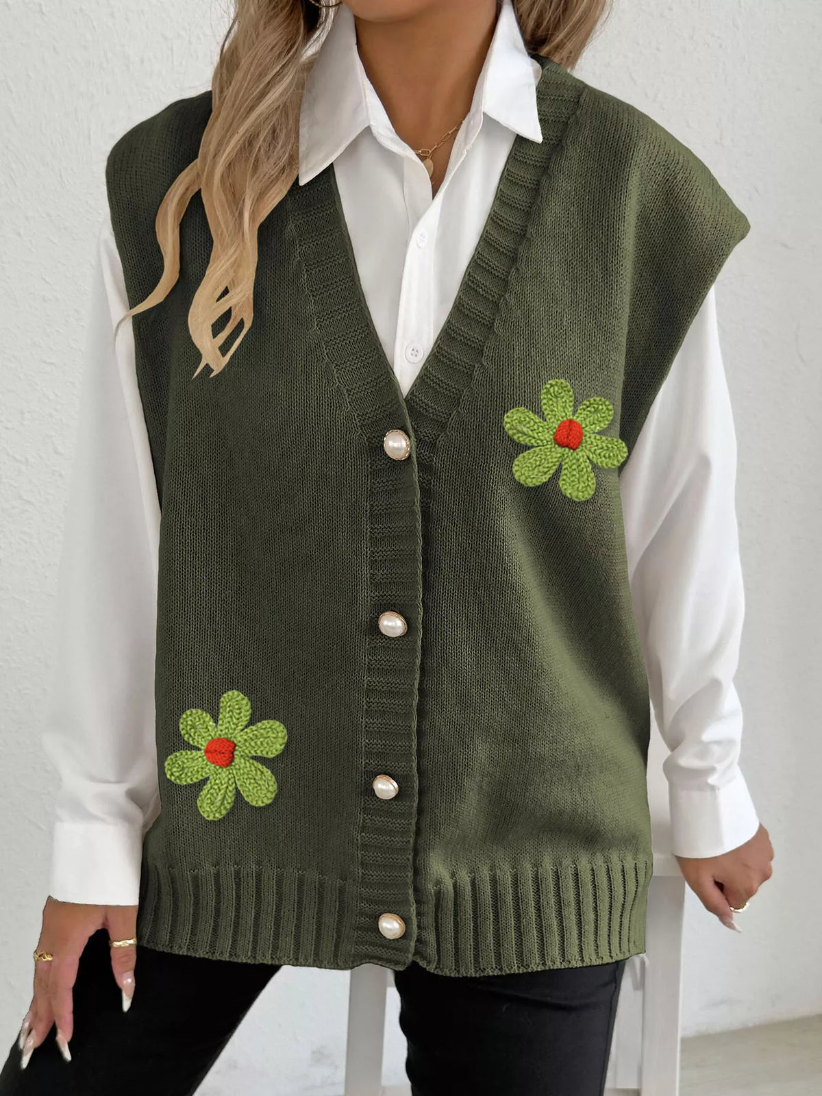 Flower V-Neck Sleeveless Cardigan