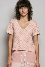 POL Floral V-Neck Short Sleeve Rib T-Shirt