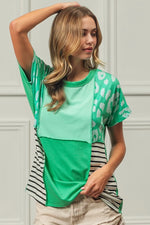 BiBi Leopard and Stripe Color Block Top With Exposed Seam