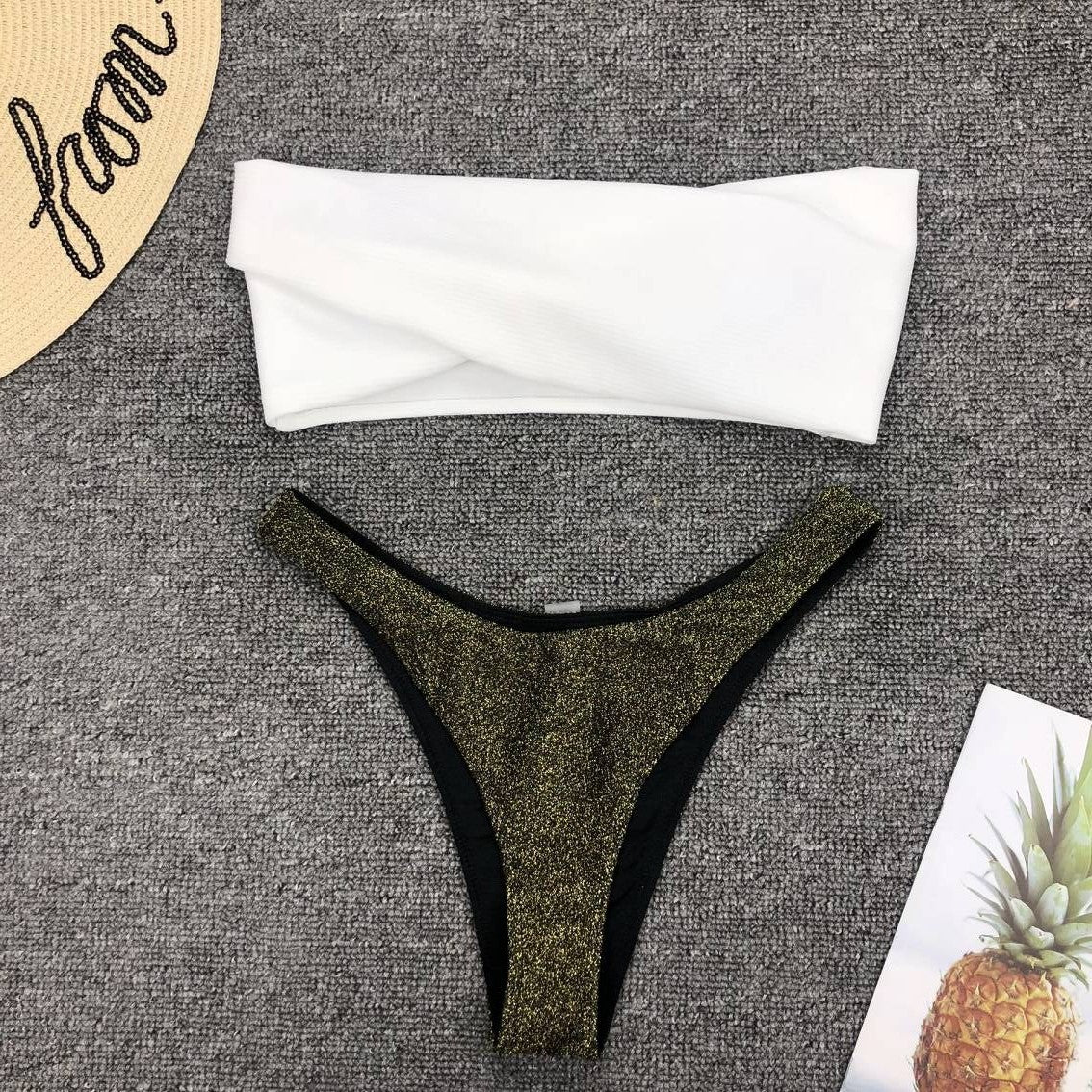 Sexy Sparkling Shiny Ribbed Bandeau Bikini 2025 Women Swimsuit Female Swimwear Two piece Bikini Set Triangle Bathing suit Swim