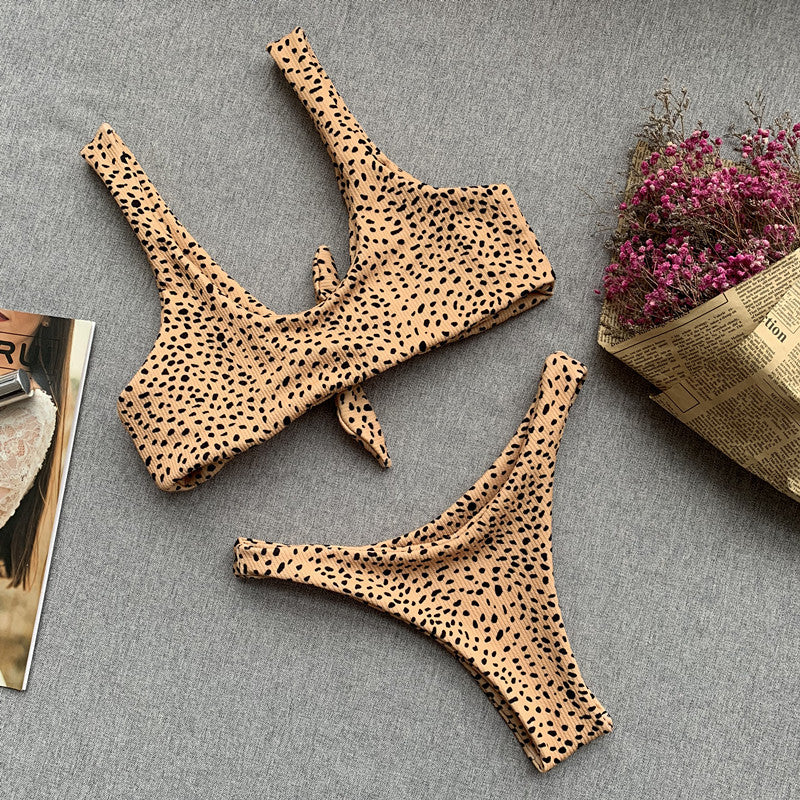 Bow Knotted Polka Dot Leopard Bikini Women High Leg Cut Swimwear Female Ribbed Swimsuit Sexy Brazilian Bathing Suit Swim Lady