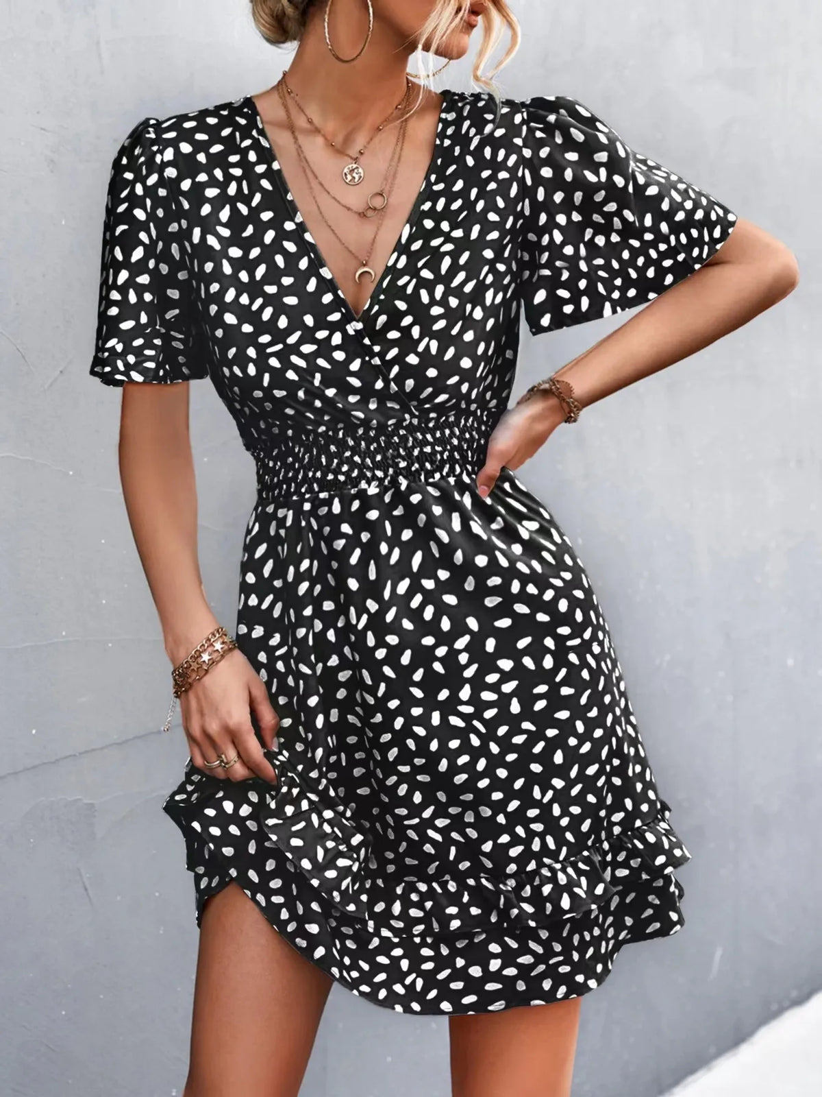 V-Neck Flutter Sleeve Mini Dress