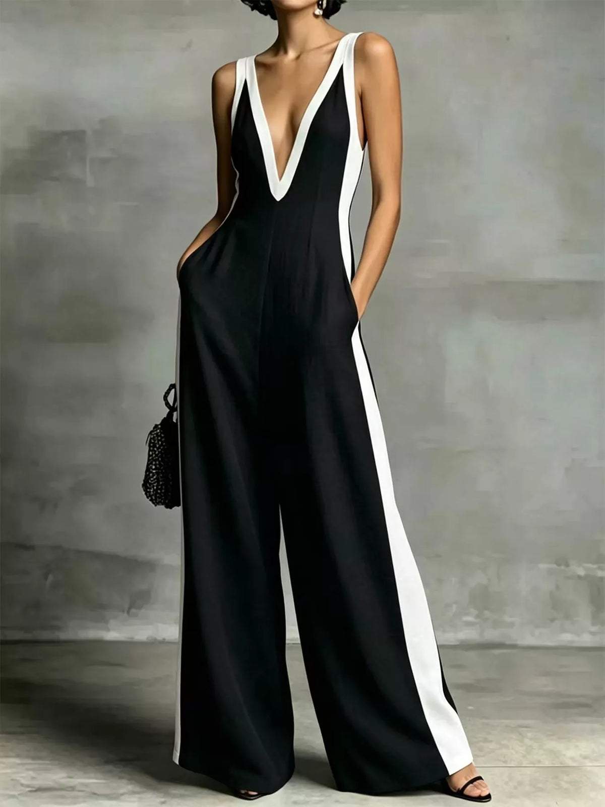 Deep V-Neck Wide-Leg Jumpsuit with Contrast Trim