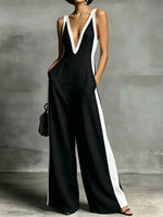 Deep V-Neck Wide-Leg Jumpsuit with Contrast Trim