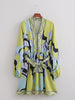 Women Clothing Summer Casual Collared Long Sleeve Printed Shirt Dress Lace-up Dress