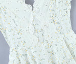 Retro French Ruffles Flounced Sleeve Lace Embroidered Vest Dress Deep V Plunge neck Drawstring Slim Fit Tiered Dress