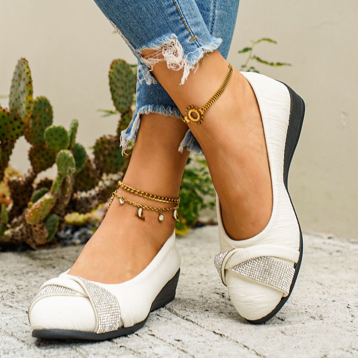 Rhinestone Embellished Wedge Slip-Ons