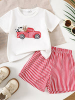 Children's Cartoon Tractor Embroidered Tee and Shorts Set