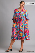 Umgee Full Size Floral Print Tie Neck Midi Dress with Pockets Plus Size