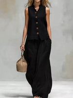 Sleeveless Button-Down Top and Wide-Leg Pant Set