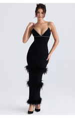 Women Clothing Sexy Black Camisole V neck round Bar Ostrich Hair Chain Knitted Bandage One Piece Dress