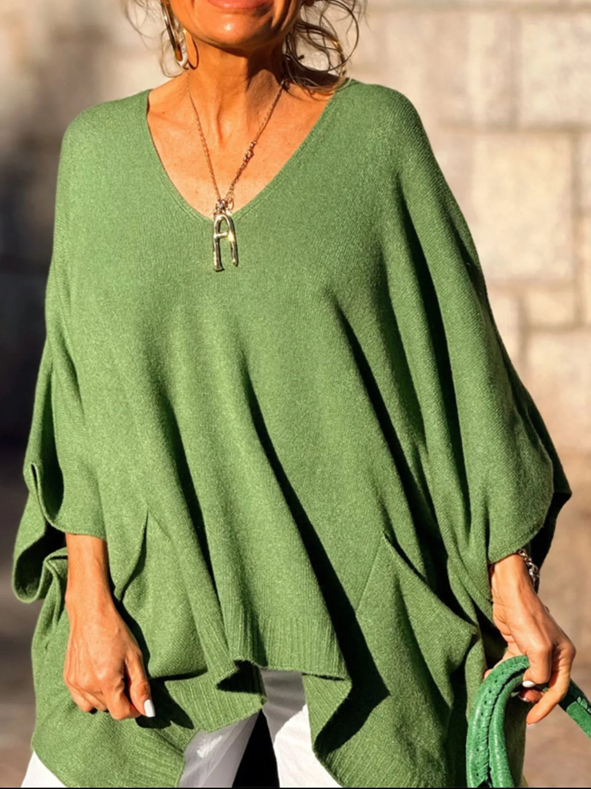 Ribbed Hem V-Neck Sweater