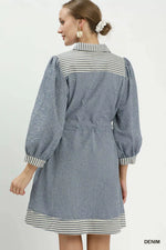 Umgee Striped Contrast Belted Puff Sleeve Mini Dress