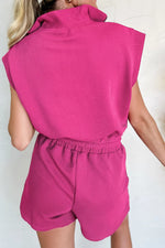 Textured Short Sleeve Half Zip Drawstring Waist Romper