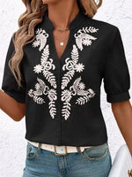 Embroidered Notched Short Sleeve Blouse