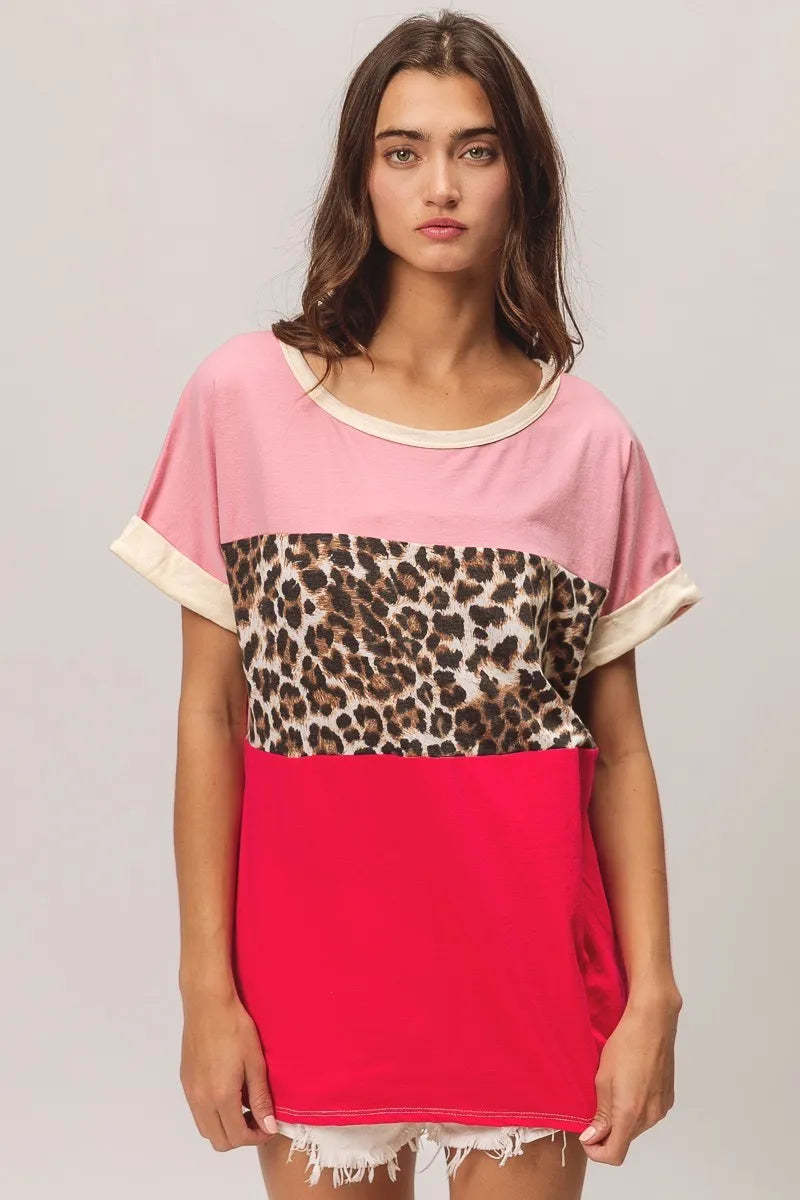 BiBi Leopard Printed JerseyColor Block Roll Up