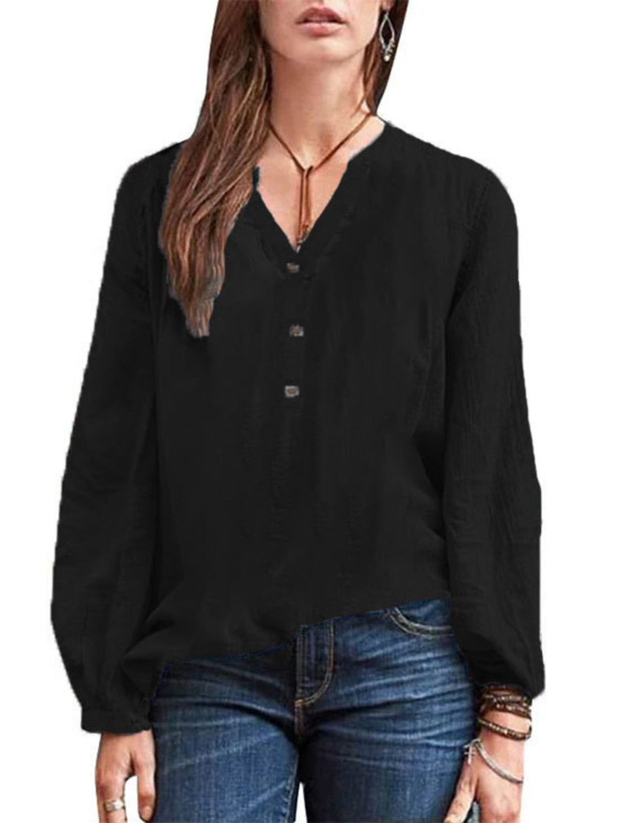 Full Size Notched Long Sleeve Blouse Plus Size