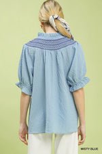 Umgee Textured Henley Blouse with Ruffle Cuffs