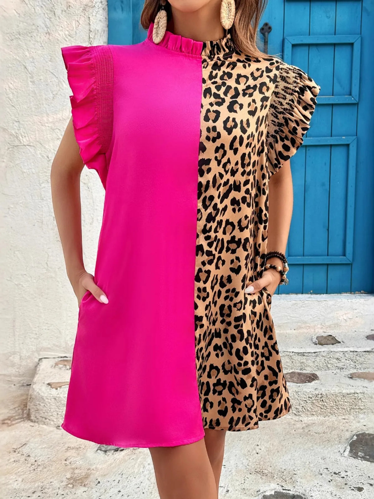 Leopard Color Block Ruffle Sleeve Dress