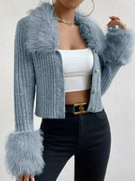 Faux Fur Trim Ribbed Knit Cropped Cardigan