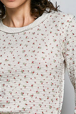 POL Ribbed Knit Floral Crew Neck Long Sleeve Top